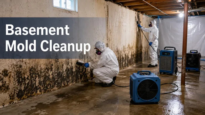 Mold remediation crew cleaning a basement