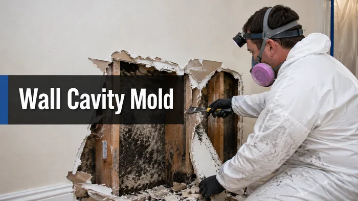 Remediation worker opening a wall cavity with hidden mold growth